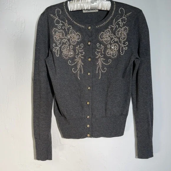 Gorgeous Embellished Gray Cardigan Sweater Anthropologie - Picture 3 of 16